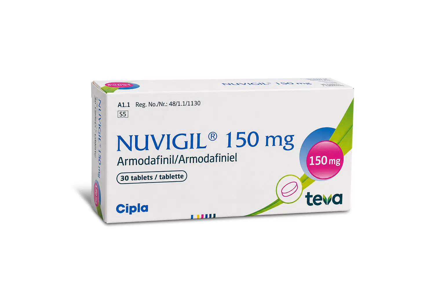 Nuvigil 150 mg Armodafinil tablets box by Cipla and Teva